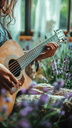 A person plays guitar with delicate fingers, surrounded by vibrant lavender flowers in a cozy indoor space, creating a serene and tranquil atmosphere.の素材