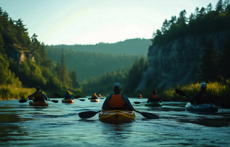 A group of kayakers paddles through a calm river, flanked by lush trees and towering cliffs as the sun sets, casting a warm glow on the tranquil water.の素材