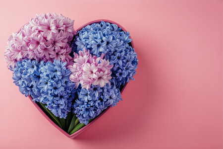Hyacinths in various hues are beautifully arranged in a heart-shaped planter, complementing the soft pink backdrop and creating a cheerful atmosphere.の素材