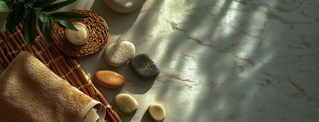 A serene spa setup showcases soft towels, smooth stones, calming cream, and warm light casting gentle shadows, creating a peaceful atmosphere for relaxation and self-care.の素材