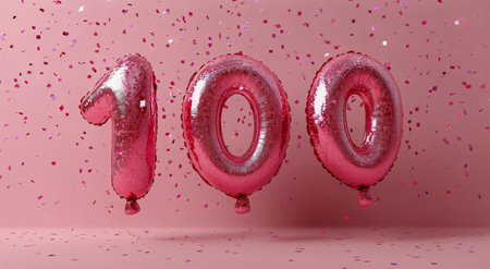 Vibrant pink balloons in the shape of the number 100 float against a soft pink backdrop, surrounded by colorful confetti, creating a festive celebration environment.の素材