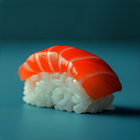 Freshly made sushi roll features vibrant salmon and creamy filling wrapped in seaweed. The presentation highlights the vivid colors and textures of the ingredients.の素材