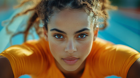 A young athlete focuses in a bright yellow shirt intensely before a sprinting event. The vibrant blue track stretches behind her, illuminated by the sun, highlighting her determination.の素材