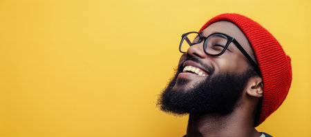 A man with a thick beard is smiling widely, showing his joyful expression. He wears round glasses and a red beanie, standing against a vibrant yellow background.の素材