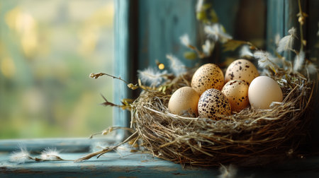 Three brown eggs sit nestled in a cozy nest surrounded by soft grass. Warm sunlight filters through, highlighting the delicate fibers and creating a serene atmosphere.の素材