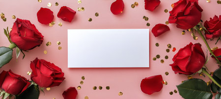 A delicate display of red roses and scattered gold confetti surrounds a blank card on a soft pink surface, ideal for personalized messages or invitations in a romantic setting.の素材