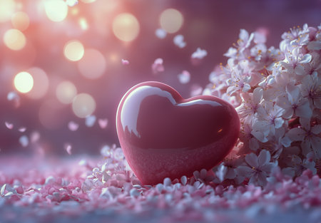 A glossy red heart is placed among delicate cherry blossom petals, surrounded by a dreamy bokeh background featuring soft pastel tones, creating a romantic atmosphere.の素材