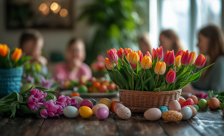 Friends enjoy a spring gathering featuring a table filled with vibrant flowers and an assortment of dishes, including salads and seafood, in a cozy indoor setting.の素材