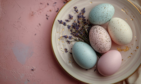 Three speckled eggs rest on a delicate plate surrounded by fresh lavender, creating a tranquil and aesthetic display suited for spring celebrations or home decor.の素材