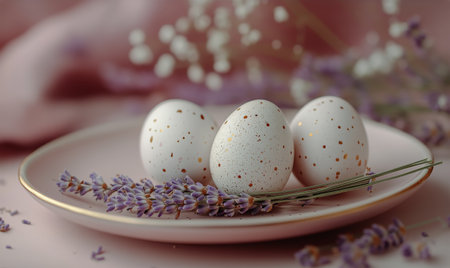 Three speckled eggs rest on a delicate plate surrounded by fresh lavender, creating a tranquil and aesthetic display suited for spring celebrations or home decor.の素材