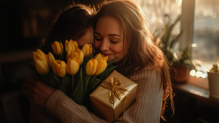 Two friends share a joyful moment, embracing each other while one holds a bouquet of yellow tulips and a wrapped gift. The soft, warm light creates a cozy atmosphere.の素材