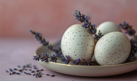 Three speckled eggs rest on a delicate plate surrounded by fresh lavender, creating a tranquil and aesthetic display suited for spring celebrations or home decor.の素材