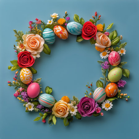 Vibrant Easter wreath features decorated eggs and fresh flowers including roses, daisies, and greenery, set against a bright blue backdrop, creating a festive spring atmosphere.の素材