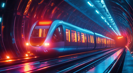 A sleek subway train rests at an underground station, illuminated by bright neon lights. The environment showcases a blend of modern architecture and technology.の素材