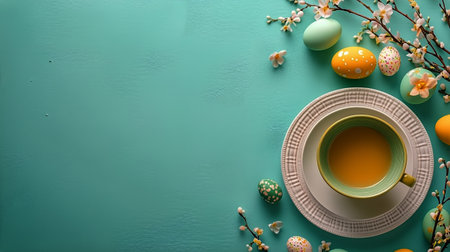 A turquoise table displays a cup of tea surrounded by colorful decorative eggs and delicate spring blossoms. The arrangement suggests a festive spring celebration.の素材