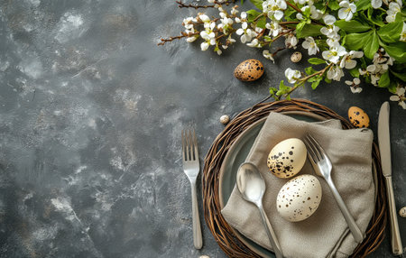 A beautifully arranged dining table features a neutral plate, fork, and knife, adorned with speckled eggs and fresh spring flowers, perfect for a seasonal celebration.の素材