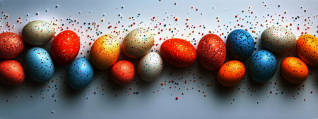 Brightly colored, hand-painted eggs are lined up in an artistic arrangement, showcasing a vibrant array for a spring celebration, highlighting seasonal joy and creativity.の素材