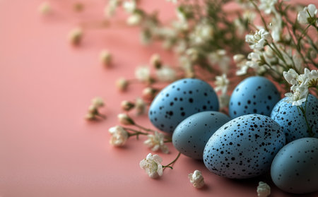 The arrangement features three speckled blue eggs gently resting on a surface, accompanied by white blossoms and a soft pastel background, creating a tranquil spring atmosphere.の素材