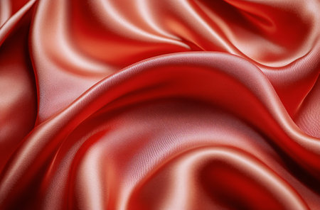 Bright red fabric folds gracefully, highlighting its smooth texture and glossy surface. The light enhances the rich color and dynamic waves in the material.の素材