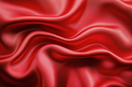 Bright red fabric folds gracefully, highlighting its smooth texture and glossy surface. The light enhances the rich color and dynamic waves in the material.の素材