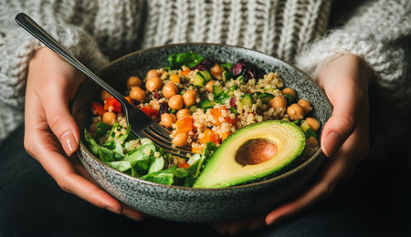 A person sits wrapped in a cozy sweater while savoring a nutritious bowl filled with quinoa, chickpeas, fresh tomatoes, and avocado, highlighting healthy eating habits.の素材