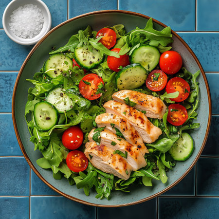 Grilled chicken breast slices sit atop a bed of leafy greens, accompanied by ripe cherry tomatoes and sliced cucumbers on a decorative bowl against a colorful tiled background.の素材