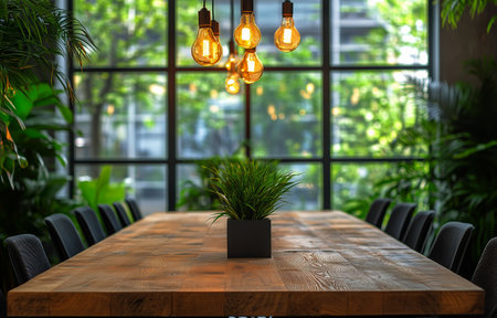 Warm lights illuminate a wooden table surrounded by black chairs, creating an inviting atmosphere filled with indoor plants and lush greenery.の素材