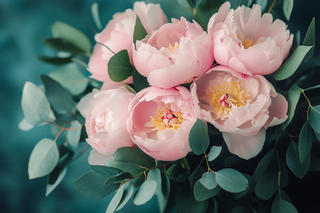 Soft pink peonies in full bloom display their delicate petals surrounded by vibrant green leaves in a peaceful garden. This floral arrangement captures the essence of spring.の素材