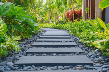 A charming pathway made of stone slabs winds through a lush garden filled with vibrant plants.の素材