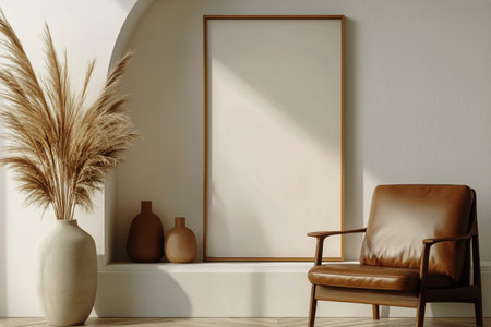 A stylish seating arrangement showcases a brown armchair beside a minimalist wall with an empty frame and vases. Pampas grass adds a natural touch to the space.の素材