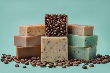 Handcrafted soap bars in various colors and textures are artistically arranged with coffee beans on a light background, showing the artisanal details and natural ingredients.の素材