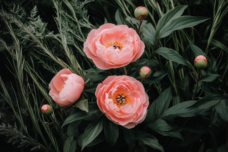 Two vibrant pink peonies stand tall among lush green foliage, basking in the soft glow of afternoon sunlight on a tranquil spring day.の素材