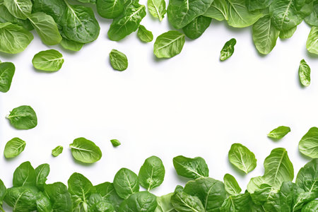 Various types of green lettuce are artistically arranged on a pale surface, showing their textures and shapes. This display emphasizes freshness and vibrant colors for culinary use.の素材