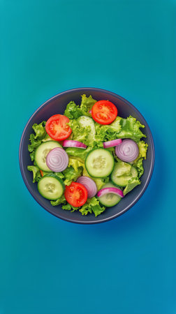 A bowl filled with a colorful salad featuring crisp greens, sliced cucumbers, juicy tomatoes, and red onions is displayed against a bright turquoise backdrop.の素材