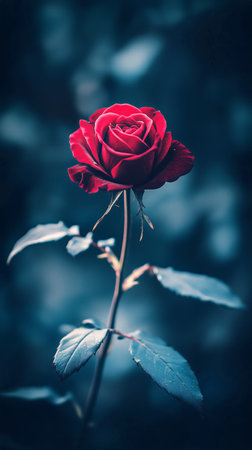 A single red rose blooms elegantly, its petals glistening softly in the low light. Dark foliage surrounds it, enhancing the beauty of its vibrant color in the evening atmosphere.の素材