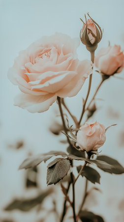 Delicate pink roses bloom gracefully next to fresh buds in a peaceful garden, capturing the essence of tranquility and natures beauty during a sunny day.の素材