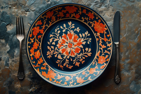 The decorative plate features an intricate floral pattern in vivid colors, surrounded by a tasteful arrangement of silver cutlery on a rustic surface.の素材