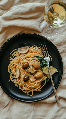 Spaghetti is topped with olives, mushrooms, and greens on a black plate, accompanied by a glass of white wine on a beige cloth surface.の素材