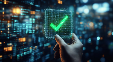 A hand holds a glowing holographic checkmark against a backdrop of illuminated data grids, indicating approval or confirmation in a tech-focused atmosphere.の素材