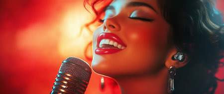 A cheerful performer sings passionately into a microphone under dim lighting, surrounded by colorful lights in a lively atmosphere, thrilling the audience with her presence and energy.の素材