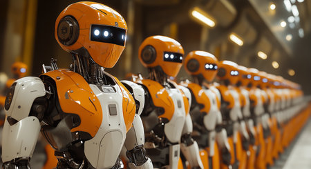 Futuristic robots in orange and white stand in formation within a large manufacturing facility.の素材