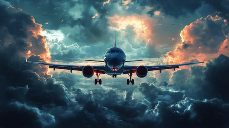A large airplane soars through the sky above thick clouds, illuminated by vibrant hues of orange and purple during sunset, creating a breathtaking view of the horizon.の素材