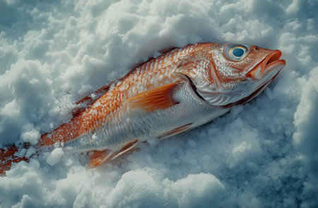 A vibrant orange fish is displayed on a bed of ice, showing its fresh appearance. The setting highlights the quality of seafood ready for preparation or sale.の素材