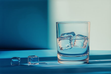 Clear glass filled with water and ice cubes sits on a smooth surface, illuminated by soft lighting that creates a calming atmosphere.の素材