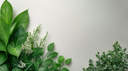 Vibrant green succulents are arranged meticulously against a pale backdrop, creating an eye-catching botanical design. This setup showcases the beauty of nature indoors.の素材