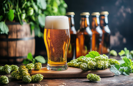 A glass of golden craft beer topped with foam sits on a wooden board surrounded by fresh hops and bottles in a rustic brewery ambiance.の素材