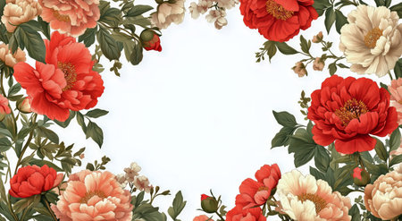 A stunning display of peonies and roses in shades of pink and red graces a light background.の素材
