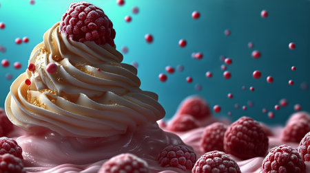 Soft serve ice cream is beautifully swirled and topped with fresh raspberries and colorful sprinkles, set against a vibrant blue background, creating an enticing dessert display.の素材