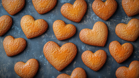 Warm heart-shaped cookies are adorned with white snowflake patterns on a dark textured surface, evoking a cozy winter atmosphere perfect for festive occasions.の素材