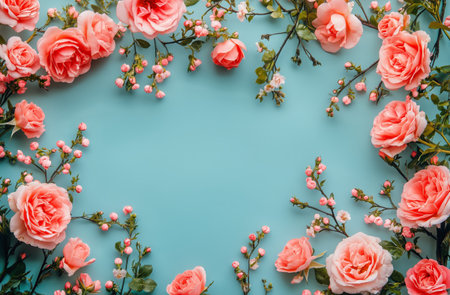 Pink roses and small berries create an elegant arrangement against a soft blue background, suitable for decoration or design purposes, showing natural beauty and color harmony.の素材